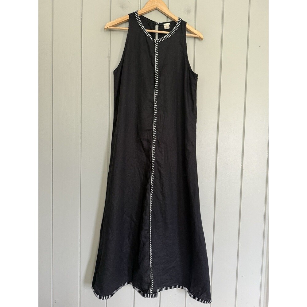 Magashoni 100% Linen Maxi Dress 10 Black White Whipstitch Sleeveless Button Neck